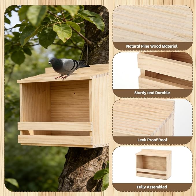 Wooden Open Mourning Dove Nesting Box, 13.7" x 6" x 11" Flat Roof Bird House with Nails, Open Platform Shelter for Doves & Small Birds, Hanging Garden Decor