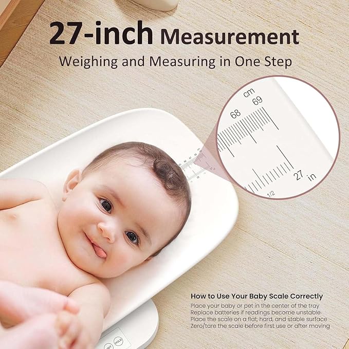 Baby Scale, Multifunctional Baby Weight Scale, Pet Scale for Puppy, Cat, Adult Scale Up to 330lbs, Accurate Digital Scale with Hold Function, 27-inch Height Measurement, 5 Units, LED Screen