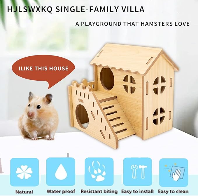 Natural Wood Hamster Habitat Hideout Cage Accessories, Maze Cabin with Fun Slide & Double-Decker House, Exercise Toys for Dwarf Hamsters, Gerbils, Mice, Other Small Animals(Only for Small Hamster E)