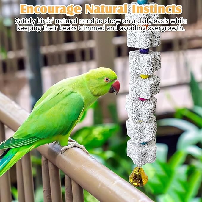 PINVNBY 3 Pack Bird Chewing Toy Lava Calcium Bird Beak Grinding Stone with Bell Hanging Parakeet Cage Accessories for Parrots Budgies Cockatiels African Grey (9 Block Per String)