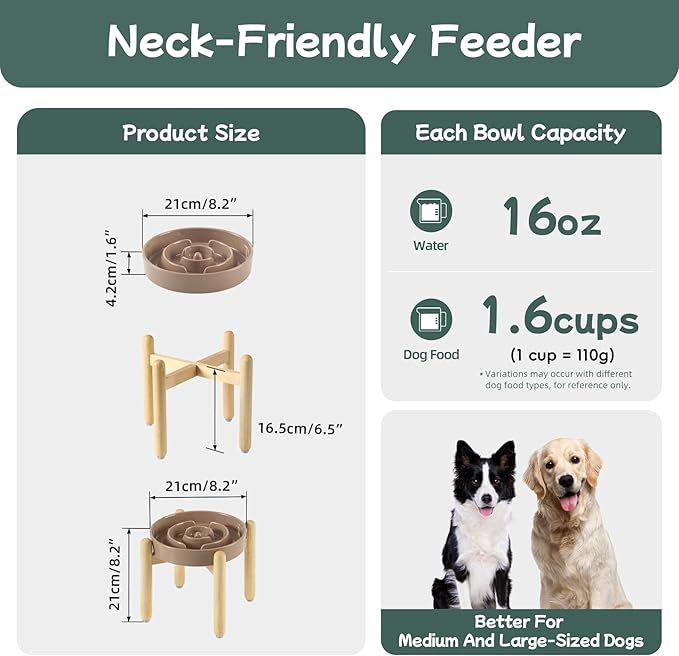Havniva Ceramic 1.6 Cup Raised Slow Feeder Dog Bowl Set, Elevated Wooden Stand for Medium and Large Dog, 8.2inch Puzzle Slow Dish, Anti-Gulping(Brown Coffee, Single Bowl+ Stand)