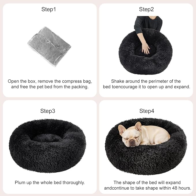 Dog Calming Beds for Small Medium Large Dogs - Round Donut Washable Puppy Dog Bed, Anti-Slip Faux Fur Fluffy Donut Cuddle Anxiety Cat Pet Bed(20" Black