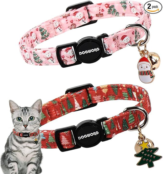 2 Pack Christmas Cat Collars Breakaway with Bell, DOGWONG Safety Buckle Christmas Snowman Cute Cat Collar for Girl Boy Cats，Adjustable 7-12 Inch