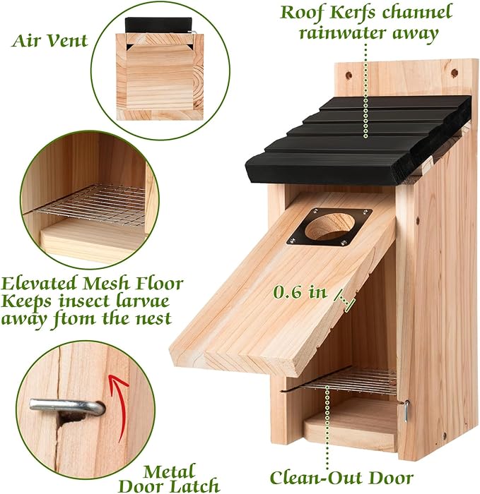 Dreyoo Cedar Bluebird Box Houses for Outside, 1-1/2'' Entrance Hole Wooden Bird Houses with Metal Guard, Secure Latch, Fledgling Grooves, Air Vents for Bluebird Wren Swallow(2 Pack)