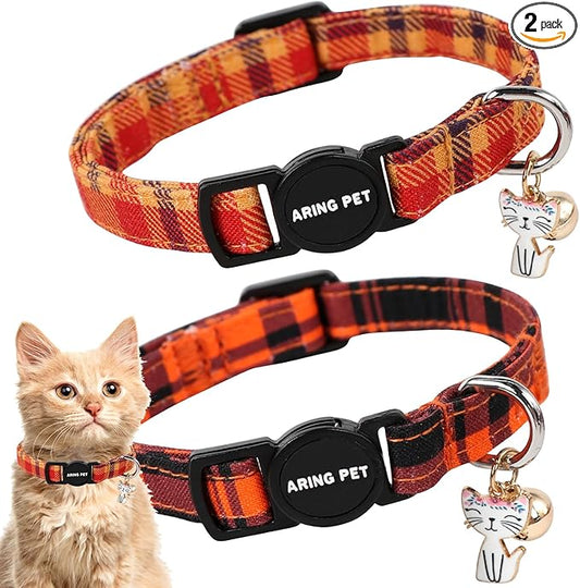 ARING PET 2 Pack Fall Cat Collars-Cute Breakaway Cat Collar with Bell & Pendant, Adjustable Halloween Plaid Kitten Collars with Safety Buckle for Girl and Boy Cats