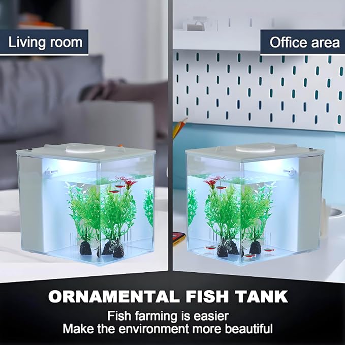Mini Fish Tank Betta Aquarium Starter Kits Multifunctional Desktop LED Aquarium with Switch Button White, 1 Gallon