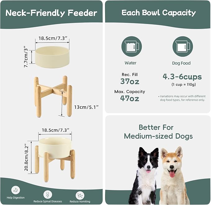 Havniva Ceramic 7.3inch Raised Dog Bowl Set, Elevated with Wooden Stand, Food and Water Bowl for Medium Breed Dogs, Weighted Dog Dishes, Pet Feeder(Light Yellow)