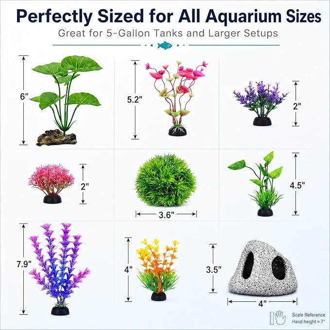 9 Fish Tank Decorations Set Aquarium Decor, Rock Cave Hideout, Artificial Aquarium Plants Plastic Betta Leaf Hammock Goldfish Betta Fish Tank Accessories Small Large Fish Bowl Ornaments