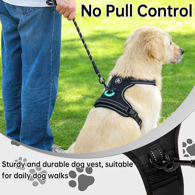 NESTROAD No Pull Dog Harness,Adjustable Oxford Dog Vest Harness with Leash,Reflective No-Choke Pet Harness with Easy Control Soft Handle for Large Dogs(Large,Black)