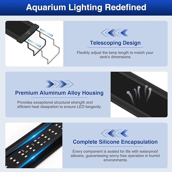 fishkeeper Aquarium Light,LED Fish Tank Lights with Auto Time Sync & 24/7 | IP68 Waterproof Extendable Bracket DIY Full Sprctrum Aquarium Plant Lights with Timer/Dimming, Memory Function for 12-18 inch