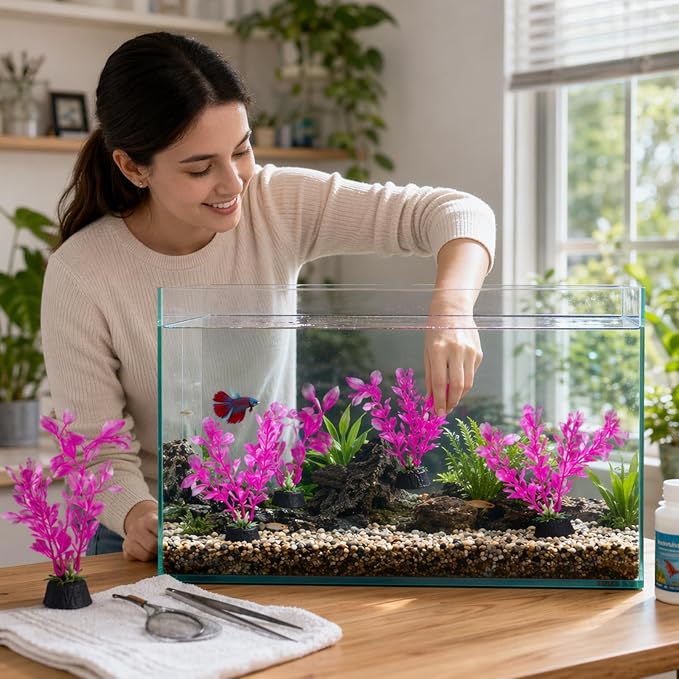 4PCS Pink Fish Tank Decor Set, Silk Plants for Betta Fish Tank, Aquarium Plants Decorations, 4PCS Set for Small Aquariums, Creating Resting Spots and Reducing Fish Stress
