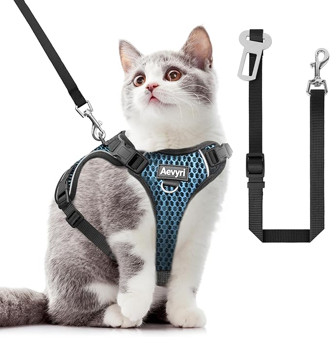 Cat Harness and Leash for Walking Escape Proof Soft Adjustable Cat Leash Breathable Honeycomb Structure Comfortable Vest Easy to Wear Kitten Harness for Outdoor Travel, Honeycomb Blue, S