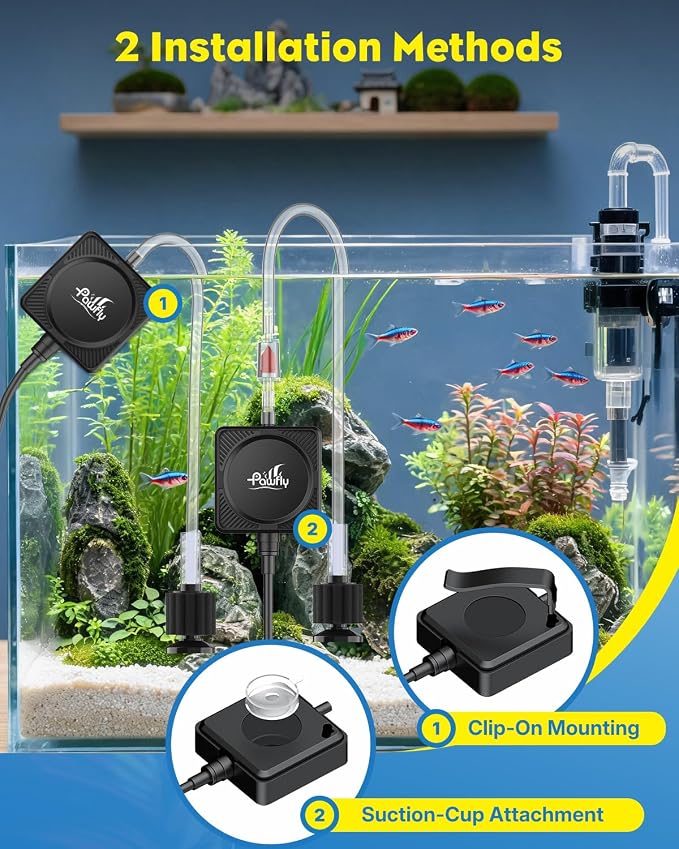 Pawfly 27 L/h Aquarium Air Pump, Mini Air Pump for 1-15 Gallon Fish Tanks | 1.3 W Ultra Quiet Portable Fish Tank Air Pump Oxygen Aerator Kit with Mini Sponge Filter Air Tubing Air Stone Check Valve