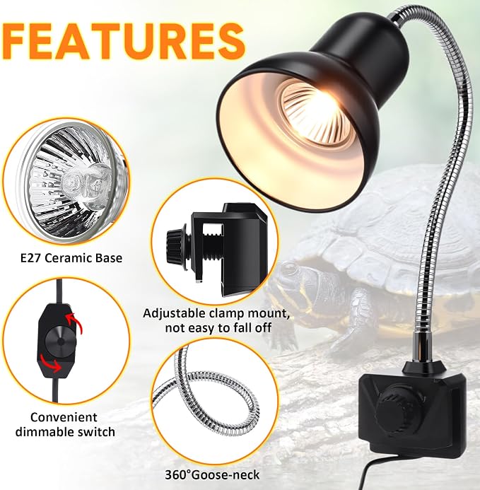 3 Set Reptile Heat Lamp UVB UVA 50W, 360° Clip for Turtle Aquarium | Adjustable Gooseneck Basking Light with Full Spectrum Bulb, Swivel Clip Mount, Ideal for Snake Amphibian Terrarium Heat
