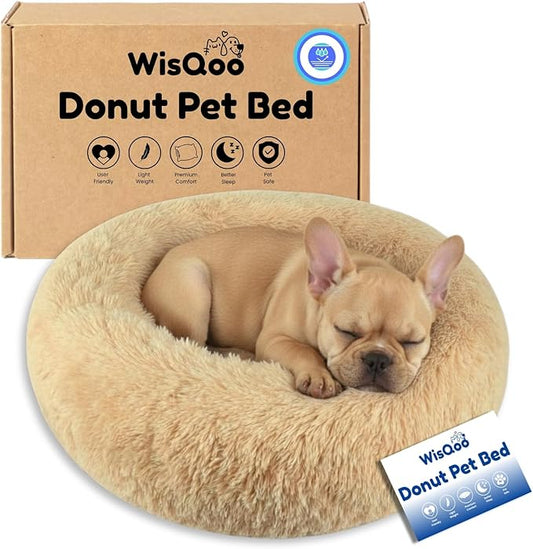 Calming Pet Bed with Water-Resistant Inner Liner – Anti-Anxiety Donut Dog & Cat Bed with Removable Washable Cover – Supportive Plush Nest, Non-Slip & Cushion Protection – Small, Beige