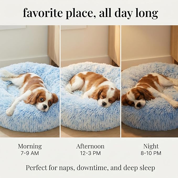 Calming Dog Bed for Medium Dogs Washable Donut 30 inches Anti-Slip Pet Bed,Round Fluffy Plush Faux Fur Cat Bed,Fits up to 45 lbs Pets,Gradient Blue