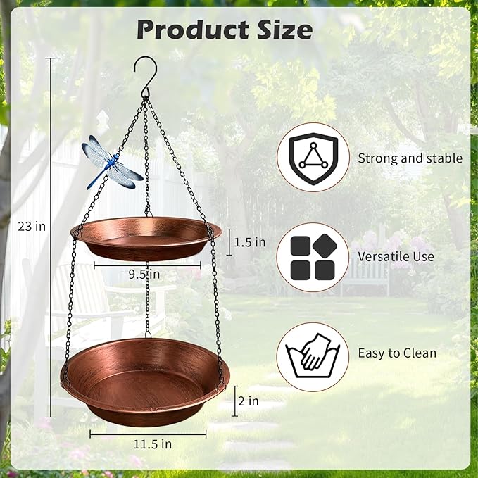 Double Layer Metal Hanging Birdbath 2 in 1 Bird Feeders with Black Chains for Outdoor Garden Yard Decor in Copper Color