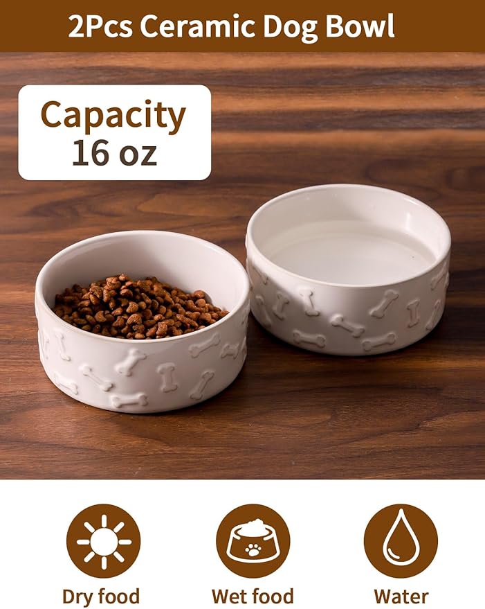 UBEE Ceramic Dog Bowl Set of 2, 5.1 inch Dog Food Bowl, Pet Food Water Dish Feeding for Small Dogs and Large Cat, Bone Pattern, 5.1 in-Small, White