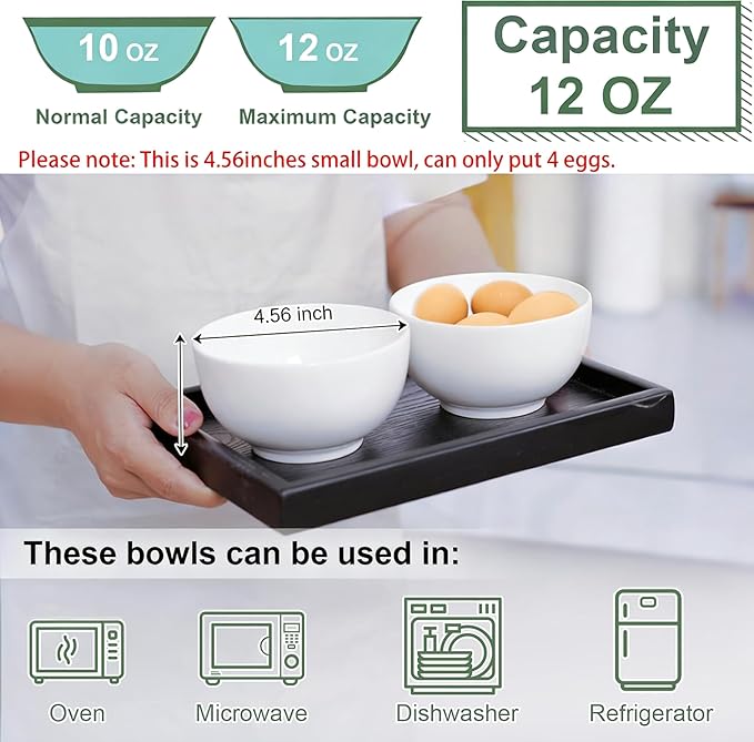 AntoKueh White 4.56" Small Cereal Bowls Set of 6, 12 Oz Porcelain Dessert Bowls for Ice Cream, Yogurt, Rice & Pudding, Microwave & Dishwasher Safe