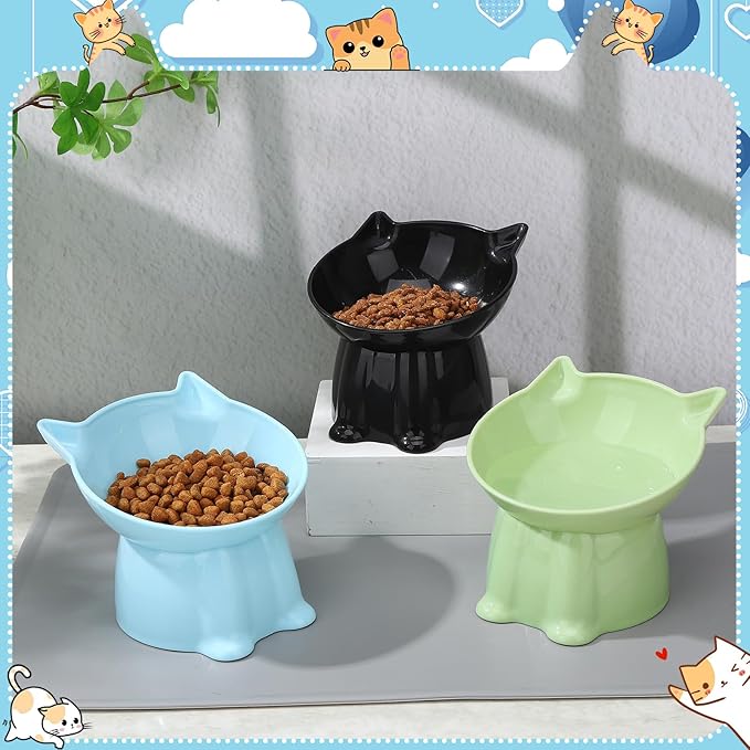 3 Pcs Elevated Cat Bowls 15°Raised Cat Food Bowl with Silicone Mat Whisker Friendly Anti Vomiting Cats Dishes Pet Food and Water Bowls for Indoor Cats Kittens Classic Blue, Black, Green Colors