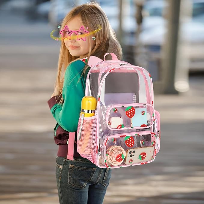 CAMTOP Clear Backpack Heavy Duty Transparent Bag See Through BookBag for Student School Work Festival Sport Travel (Clear Strawberry)