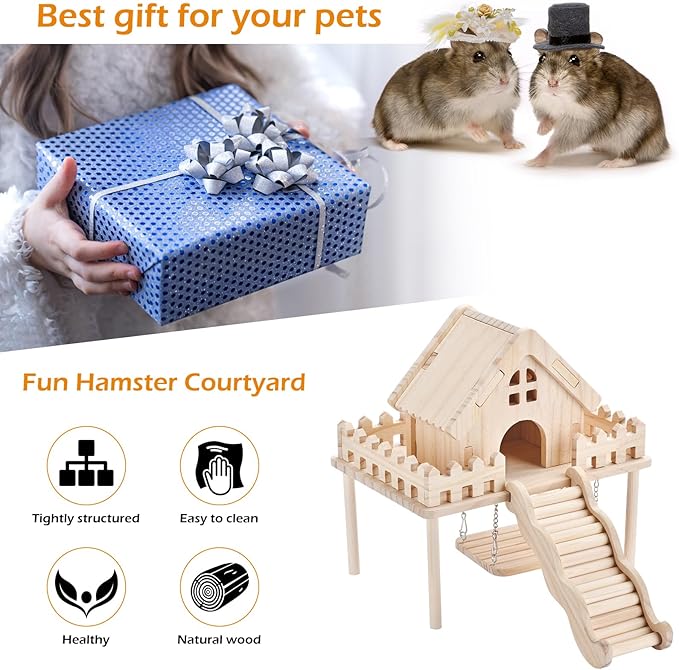 Hamster Wooden House with Platform,Ramp & Swing - Natural Wood Play Set forSyrian Dwarf Hamsters, Gerbils, Mice,Small Animals Cage Accessories