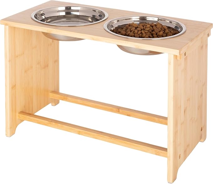Elevated Dog Bowls - 15-Inch Tall Bamboo Raised Dog Bowl Stand with Nonslip Feet - Comes with Two 60oz Removable Dishwasher Safe Stainless Steel Pet Bowls - Puppy Essentials by PETMAKER