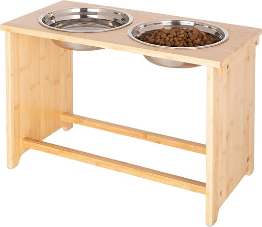 Elevated Dog Bowls - 15-Inch Tall Bamboo Raised Dog Bowl Stand with Nonslip Feet - Comes with Two 60oz Removable Dishwasher Safe Stainless Steel Pet Bowls - Puppy Essentials by PETMAKER