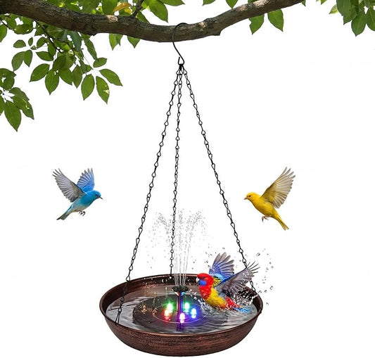 Edenseelake Hanging Bird Bath with Multii-Color Light Solar Powered Fountain for Outside, Metal Bird Feeder with Detachable Bowl for Outdoors Lawn Patio Yard Garden Decor