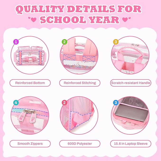 PIG PIG GIRL Clear Backpack for School,Heavy Duty PVC Transparent Bookbag for Girls Stadium Approved See Through Backpack