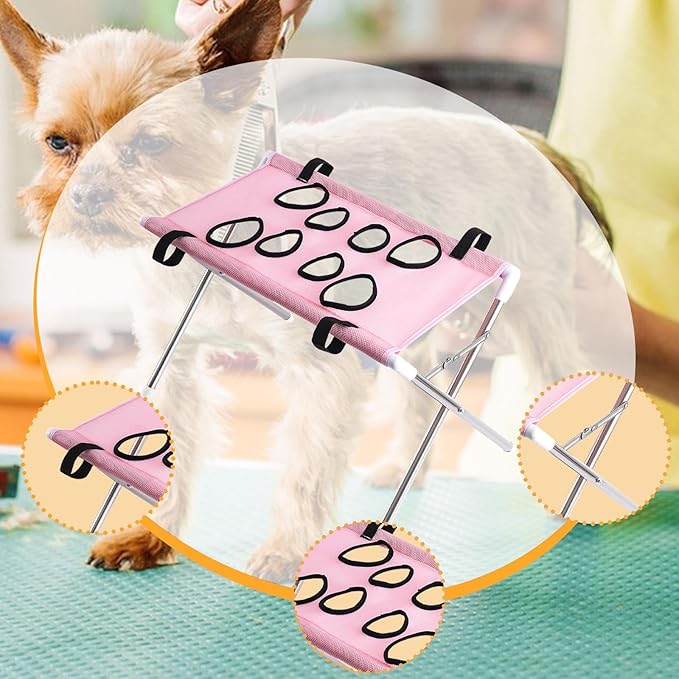 Pet Grooming Hammock Harness for Cats Small Dogs Dog Grooming Sling Stand with Frame Mesh Polyester Quick Eight Hole Design Suitable for Bathin, Pink