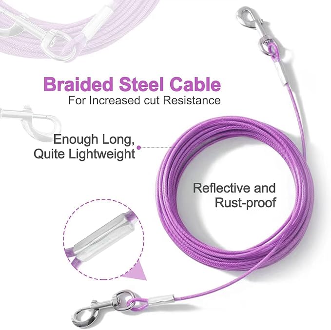 Tie Out Cable for Dogs,10/20/30/50/100FT Dog Leads for Yard Chew Proof,Heavy Duty Tie Out Cable for Large Dogs Up to 125lbs,Dog Runner Tether (Purple, 125Ibs 50ft)