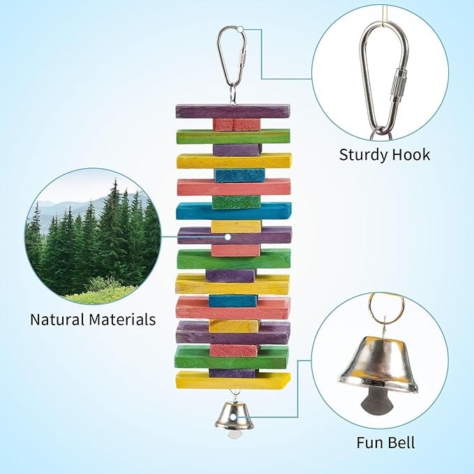 2 PCS 9.84" Multicolored Bird Toys - Stress Relief Chew Parrot Toys, Natural Wooden Blocks, Hanging Bird Cage Accessories, for Parakeets, Cockatiels, Conures, Budgies, Lovebirds