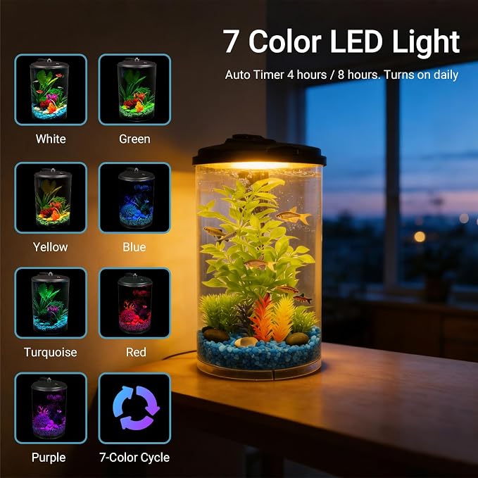 Koller Products 3-Gallon 360 Aquarium with LED Lighting (7 Color Selections) and Power Filter, Impact-Resistant Plastic, Ideal for a Variety of Tropical Fish