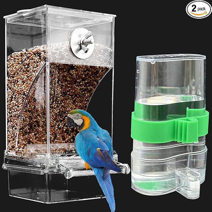 No Mess Bird Feeder Water Dispenser Set, Automatic Transparent Parrot Feeder Acrylic Parrot Food Container Drinker Cage Accessories for Small Birds Parakeet Canary Finch Cockatiel Lovebirds