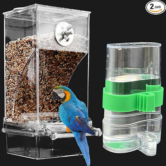 No Mess Bird Feeder Water Dispenser Set, Automatic Transparent Parrot Feeder Acrylic Parrot Food Container Drinker Cage Accessories for Small Birds Parakeet Canary Finch Cockatiel Lovebirds