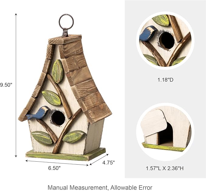 Glitzhome Bluebird House for Outside, 9.5" H Distressed Hanging Birdhouse Solid Wood Bird Houses for Outdoor, Decorative Birdhouse with Natural Wood Pallet Roof and 3D Tree for Garden,Washed White