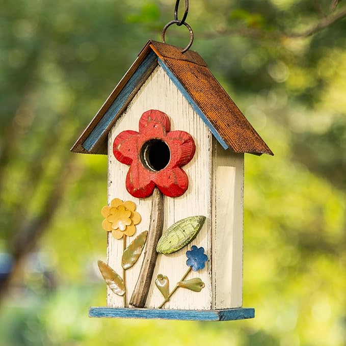 Glitzhome Hanging Bird House for Outdoor,10.2" H Patio Garden Decorative Birdhouse Pet Cottage Wooden Distressed Birdhouse with 3D Flowers for Bluebird,Hummingbird,Sparrow,Wren Finch, Washed White