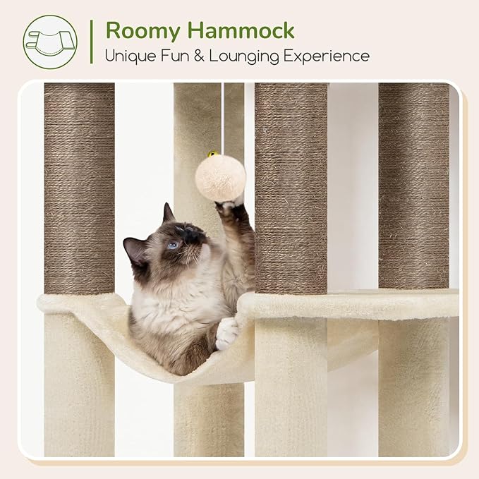 Globlazer Tall Cat Tree Tower for Large Adult Cats, Multi-Level Large 65 Inch Cat Scratching Tower with Hammock, 6 Scratching Posts, Basket and 2 Perches for Indoor Multiple Cats, F65D, Beige