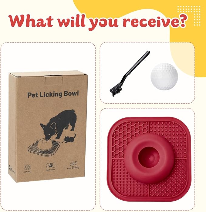 PetsHome Slow Feeder Dog Bowls & Lick Mat for Liquid and Thick Treat, Anti-Slip Dog Lick Bowl with Interactive Rolling Ball, 5/6 Cup Pup Licking Toy for Large Medium Small Dogs and Cats Red