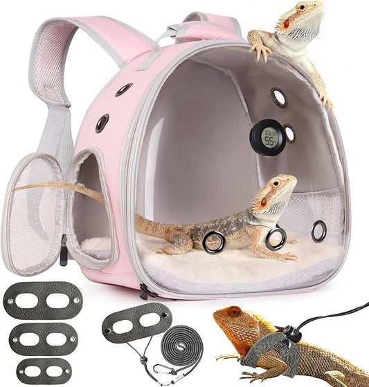 Bearded Dragon Travel Backpack Carrier with Reptile Thermometer and Humidity Gauge Lizard Travel Cage Space Capsule Clear Bubble Window Astronaut Reptile Bag for Ball Python (Pink, Backpack+PG LSH)