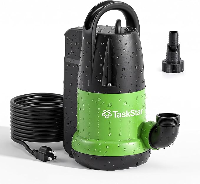 Taskstar 1 HP 4000GPH Automatic Submersible Water Pump for Pool Draining | Built-in Float Switch, Auto/Manual Modes, 25FT Cord Sump Pump for Swimming Pool, Flooded Basement, Hot Tub, Garden Pond