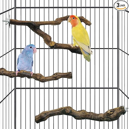 kathson 3pcs Natural Parrot Perch for Cage Wooden Bird Perches Grape Bird Stick Parakeet Climbing Standing Branches Toy Chewable Cage Accessories for Small Budgies Cockatiels Lovebirds Budgies