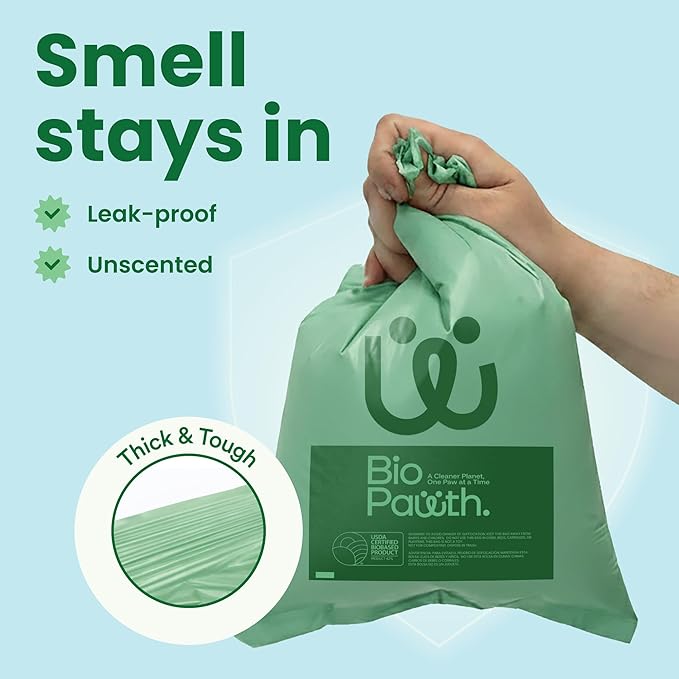 Dog Poop Bags, USDA Certified Biobased Product (42%), Extra Thick & Leak-Proof, Unscented, Single Roll Pet Waste Bag for Dogs & Cats, 300 Count