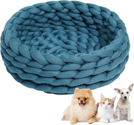 Woven Dog Bed Basket, Knitted Cotton Cat Bed Round Washable Woven Cat Pet Bed Chunky Dog Basket, Orthopedic, Chunky Knit Dog Nest,Dog Bed,Dog Cave,Dog Bedding(Blue,17")