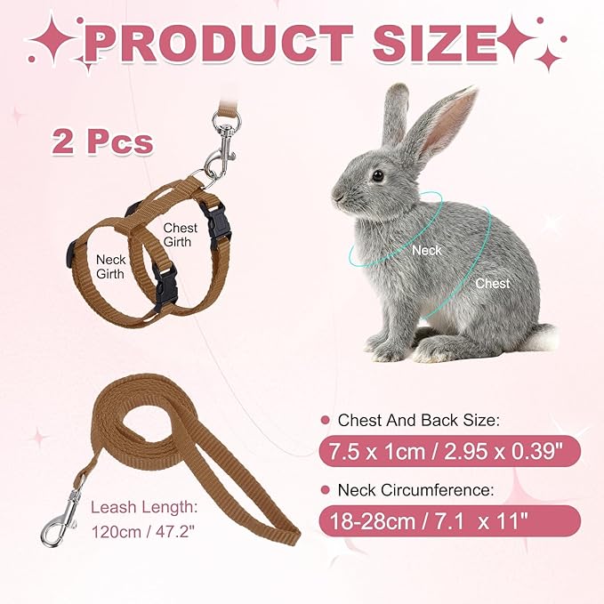 Rabbit Harness and Leash, Escape Proof Bunny Cat Leash Small Animal Harness Soft Adjustable Buckle(2Pcs, Brown) for Bunny Kitten Cats Puppies Walking Hiking Training