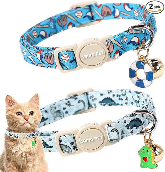 ARING PET 2 Pack Cat Collar-Cute Kitty Collars with Bell & Pendant, Adjustable Dinosaur&Baseball Kitten Collars with Safety Buckle for Girl and Boy Pets