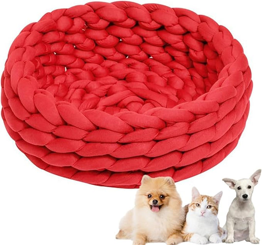 Woven Dog Bed Basket, Knitted Cotton Cat Bed Round Washable Woven Cat Pet Bed Chunky Dog Basket, Orthopedic, Chunky Knit Dog Nest,Dog Bed,Dog Cave,Dog Bedding(Red 1,17")