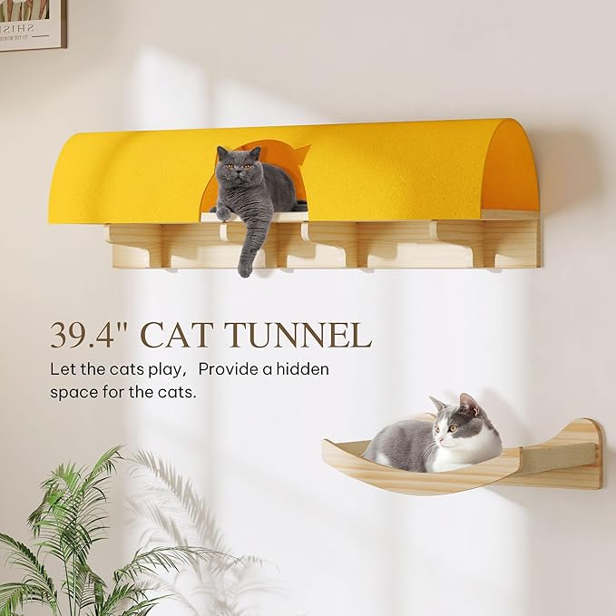 Cat Wall Shelves with Tunnel, 12-in-1 Solid Wood Wall Mounted Cat Furniture with Scratching Post, Cave & Steps, Multi-Level Cat Climbing Wall Systems, Space Saving, Floating Cat Shelves
