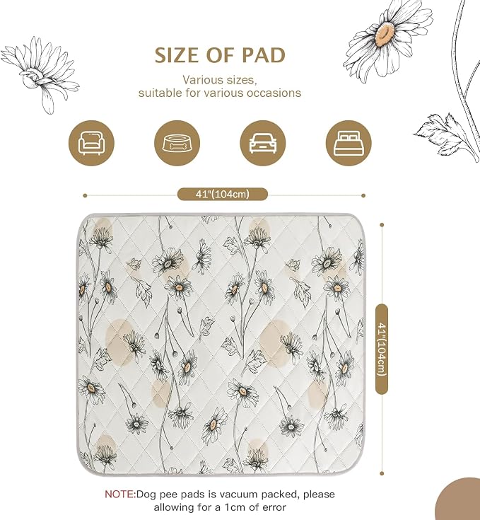 IEUUMLER Washable Pee Pads for Dogs, 2 Pack Non-Slip & Waterproof Pack Whelping Pad, Reusable Washable Puppy Potty Training Pad with Fast Absorbent for Playpen EU007 (Beige Daisy, 41"X41"-2pcs)